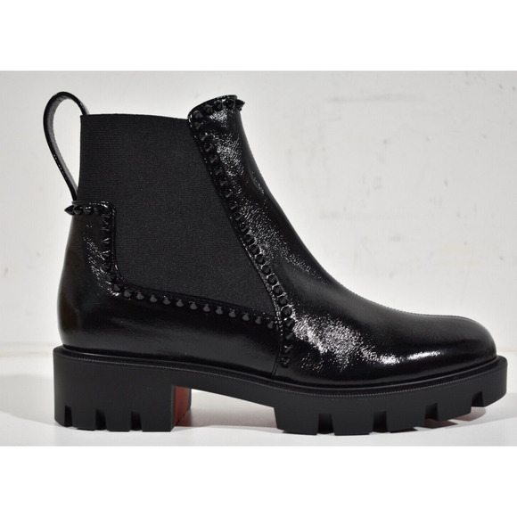 Christian Louboutin Out Lina Spike Lug Flat Black Patent Chelsea Ankle Boot 38.5 - Picture 2 of 12